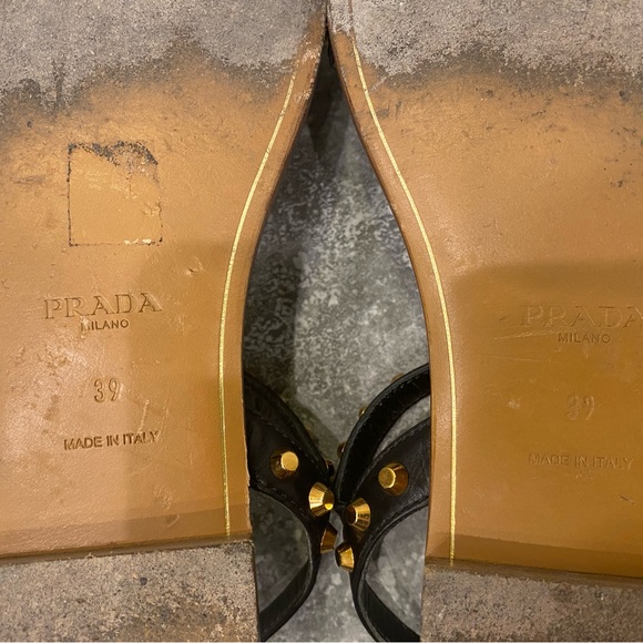 Prada black leather gold studs flats sandals - Picture 7 of 9
